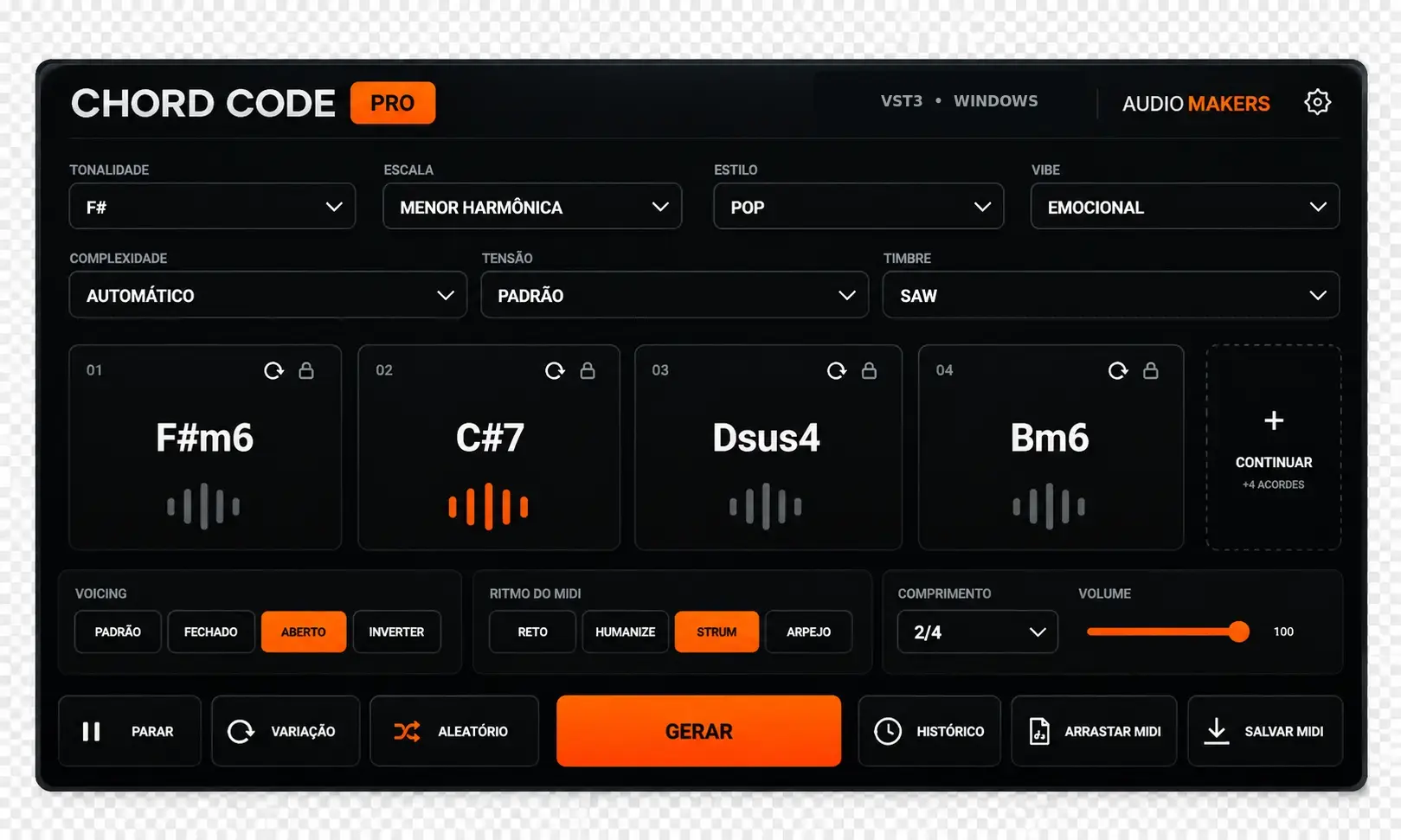 Interface real do CHORD CODE PRO com tonalidade, escala, estilo, vibe, tensão, voicing, ritmo, histórico e MIDI